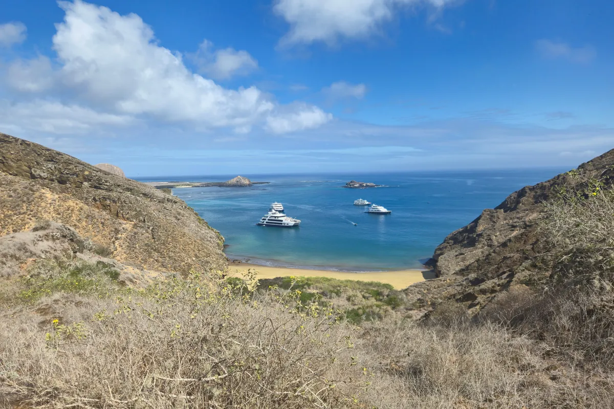 The bay at Pitt Point, San Cristóbal, from the viewpoint at the top of the walk, with the yachts at anchor