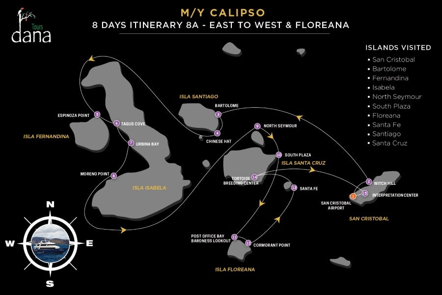 MY Calipso 8 Days Itinerary 8A - East to West &amp; Floreana
