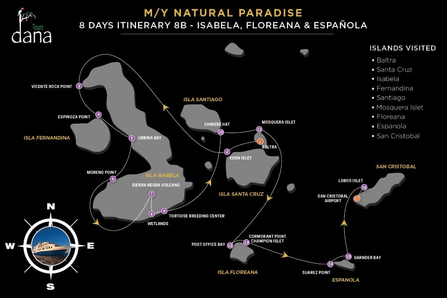 MY Natural Paradise 8 Days Itinerary 8B - Isabela, Floreana & Española