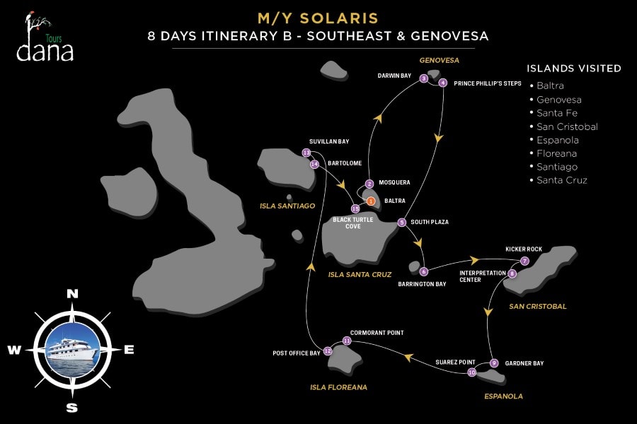 MY Solaris 8 Days Itinerary B - Southeast & genovesa