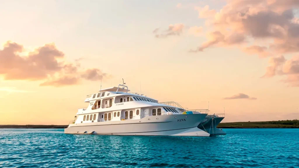 Alya catamaran at sunset in the Galápagos Islands