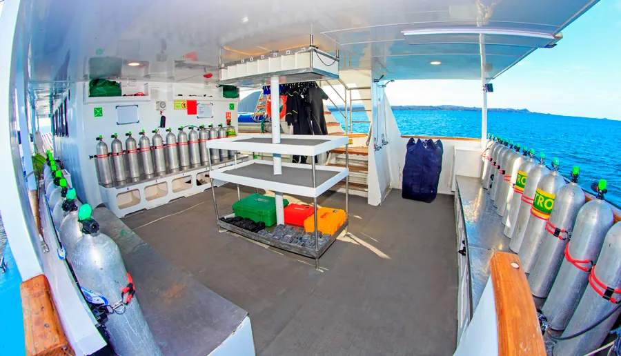 Dive deck with tanks and gear on the Aqua