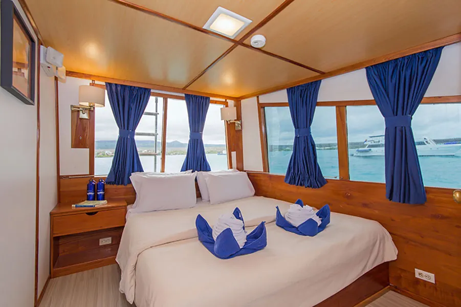 Cabin with a double bed and large windows on the Beluga