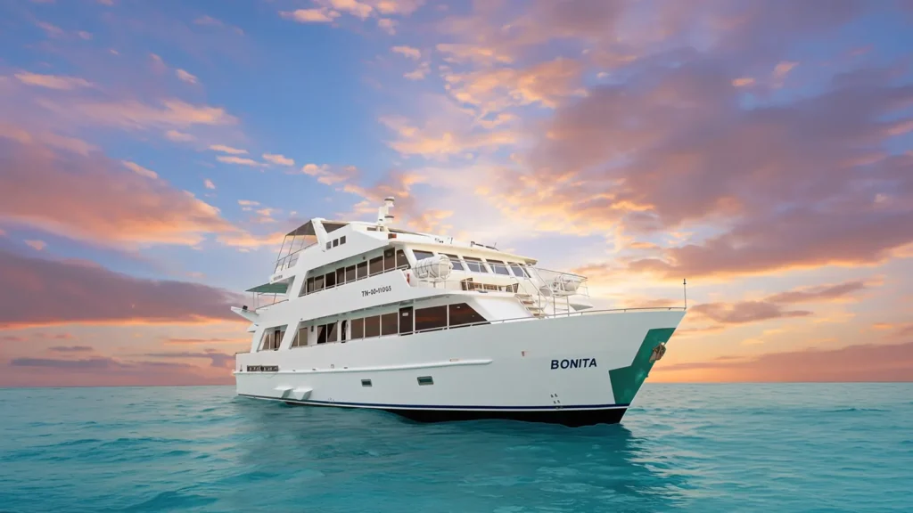 Bonita yacht at sunset in the Galápagos Islands
