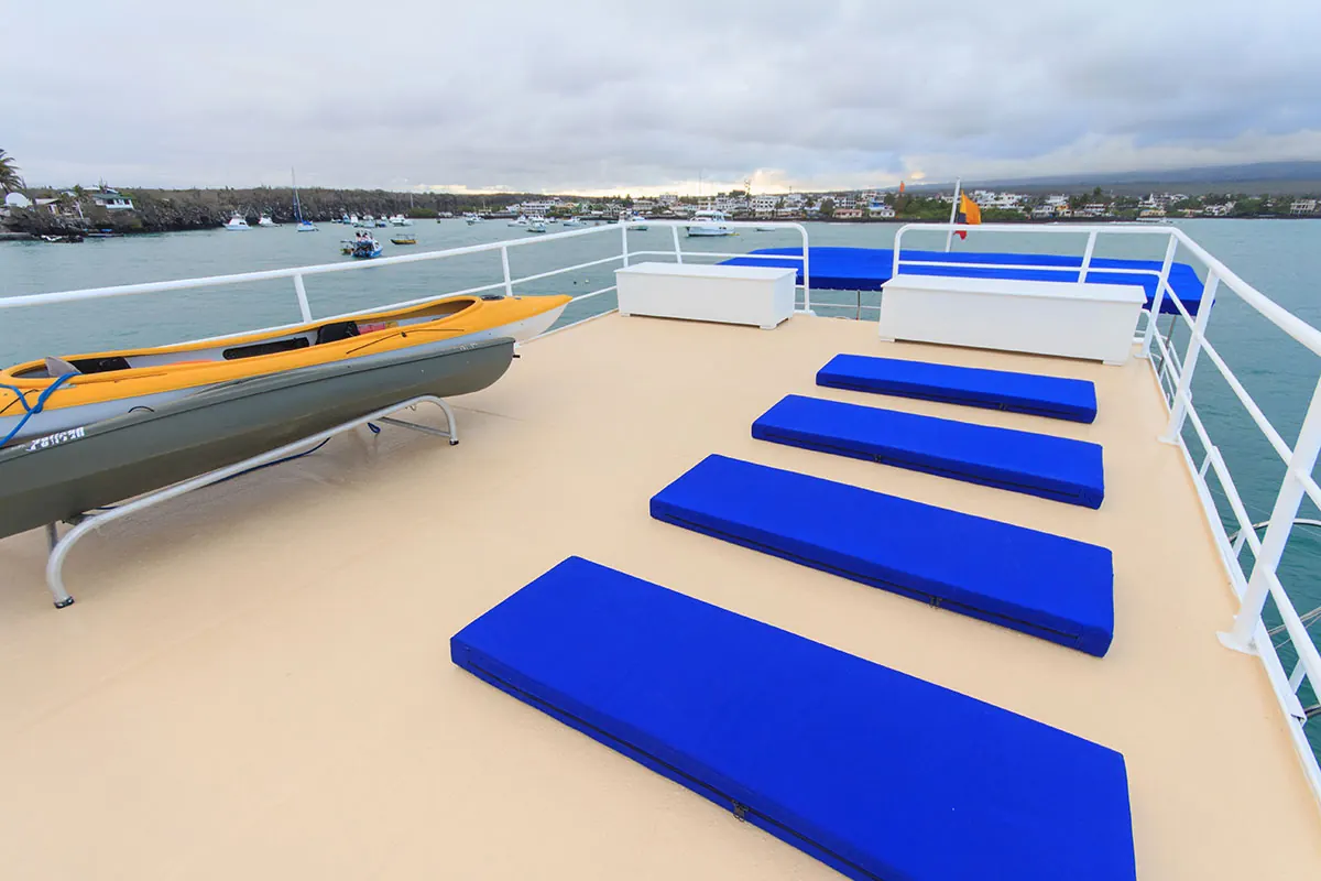 Sun deck with loungers on the Cachalote Explorer