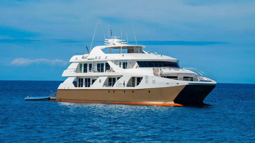 Elite catamaran at sea in the Galápagos