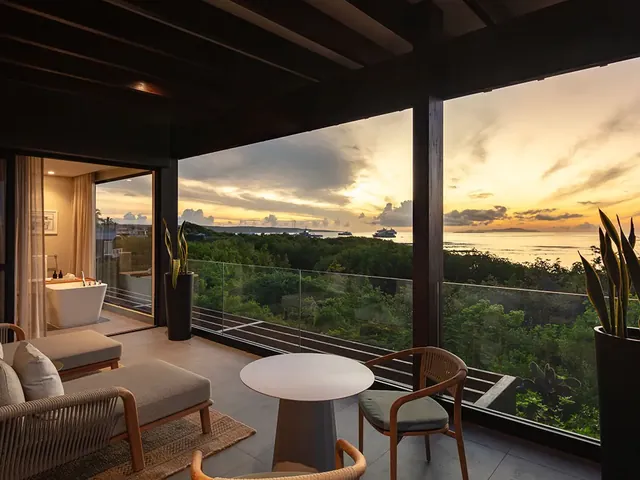 A suite at Finch Bay with views over the bay at sunset (photo: Finch Bay Galápagos Hotel)