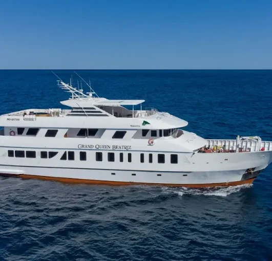 The Grand Queen Beatriz motor yacht at sea in the Galápagos