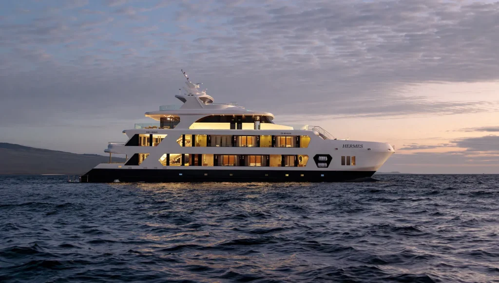 Hermes mega catamaran at dusk in the Galápagos Islands