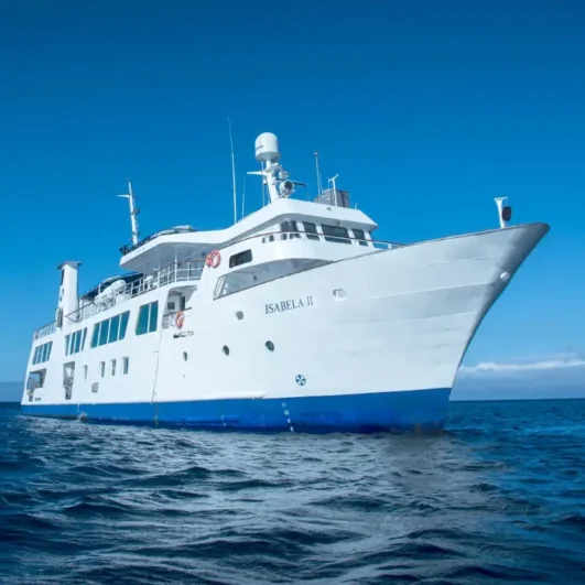 The Isabela II expedition yacht at sea in the Galápagos