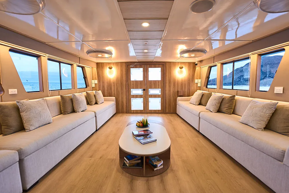 Main lounge aboard the Monserrat yacht in the Galápagos