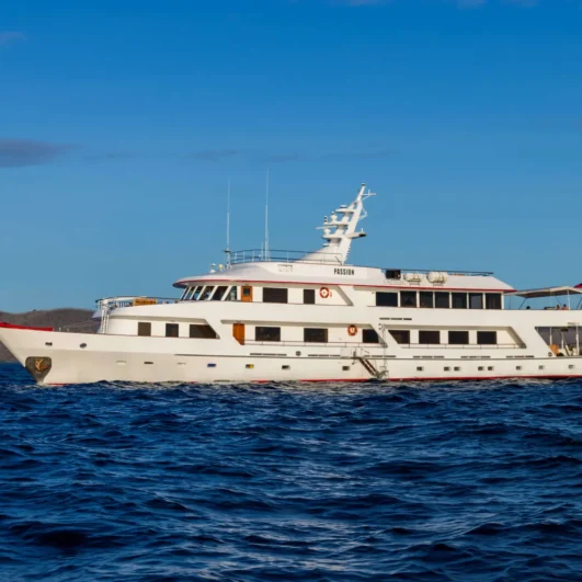 The Passion motor yacht at sea in the Galápagos