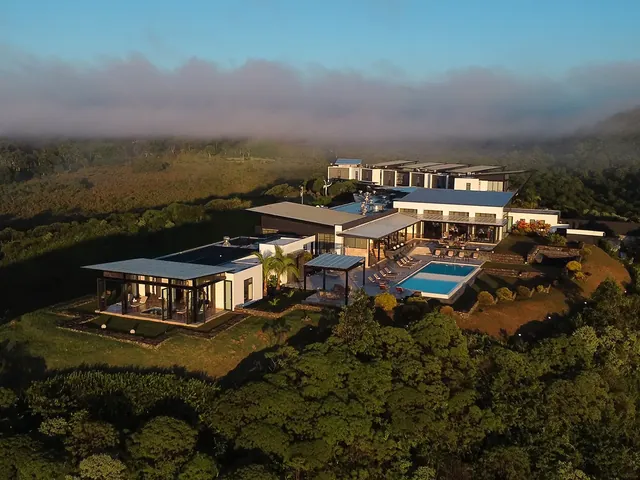 Pikaia Lodge from the air, surrounded by forest on Santa Cruz Island (photo: Pikaia Lodge)