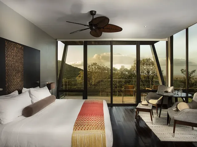 pikaia terrace room 640 - Dana Tours A Terrace Room at Pikaia Lodge with floor-to-ceiling windows (photo: Pikaia Lodge)