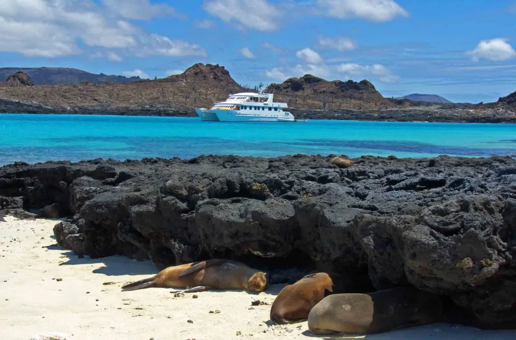 Seaman Journey catamaran at anchor in the Galápagos