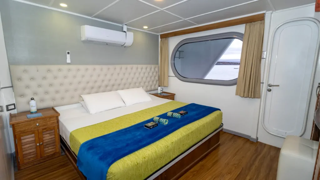 Upper-deck cabin with a king bed on the Tip Top II