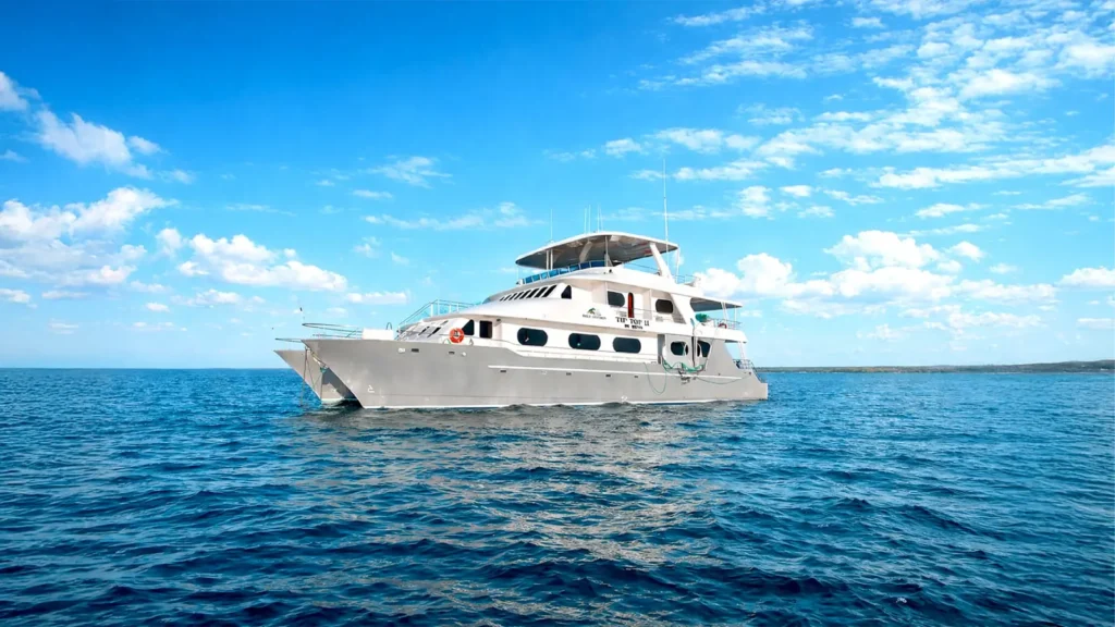 The Tip Top II catamaran at sea in the Galápagos