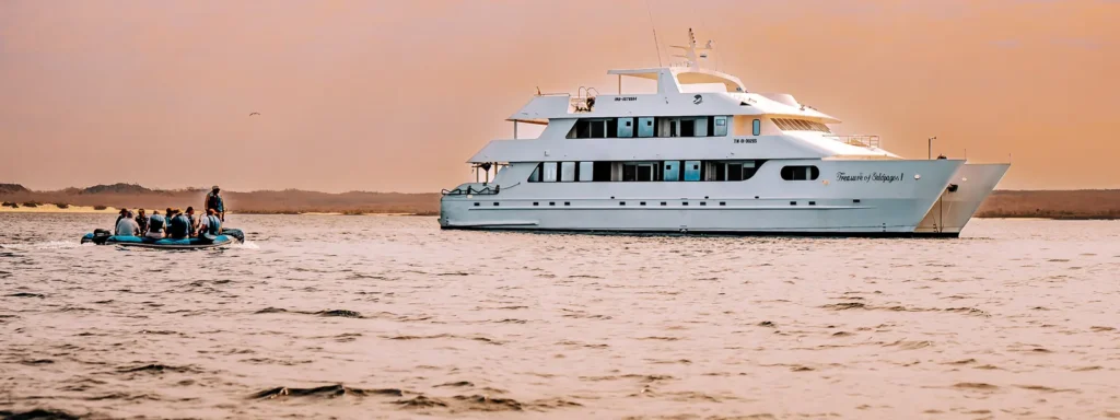 Treasure of Galápagos catamaran at sunset with a panga of guests